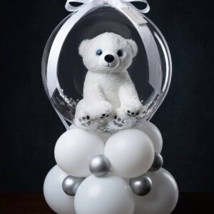 White Teddy Bear in a Clear Balloon on a Balloon Stand